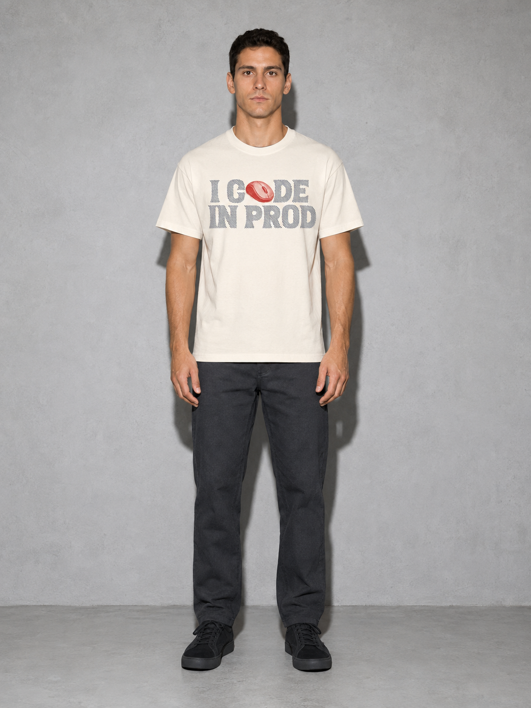 i code in prod text Graphic IT Nerd T-Shirt – Ivory detail