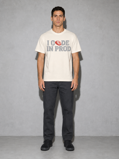 i code in prod text Graphic IT Nerd T-Shirt – Ivory detail