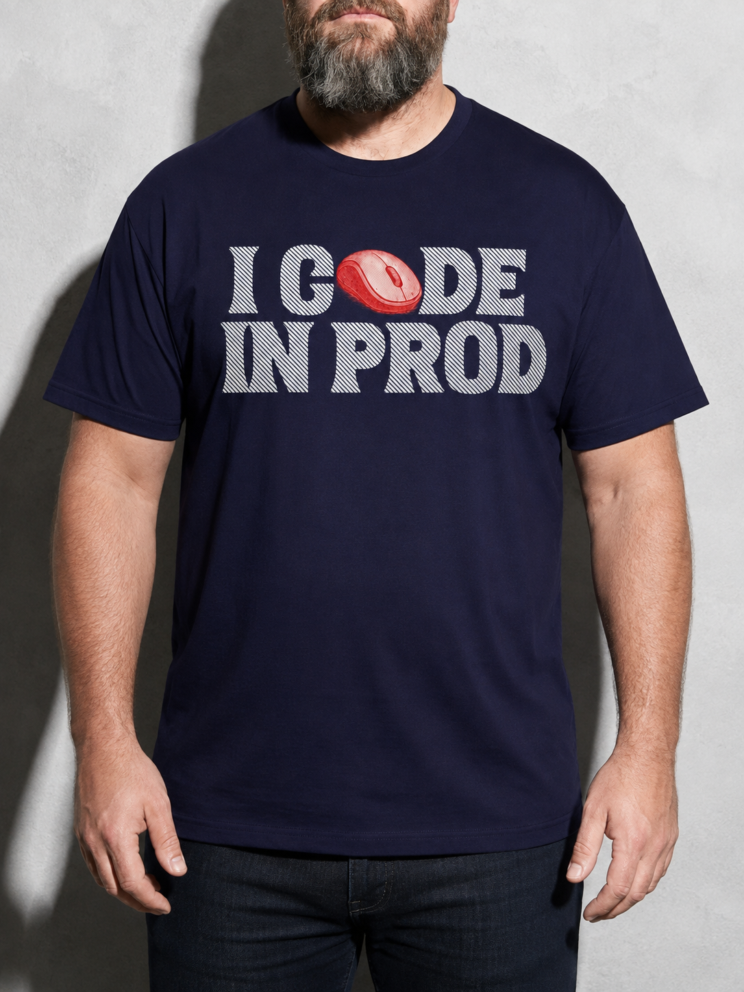 i code in prod text Graphic IT Nerd T-Shirt – True Navy detail