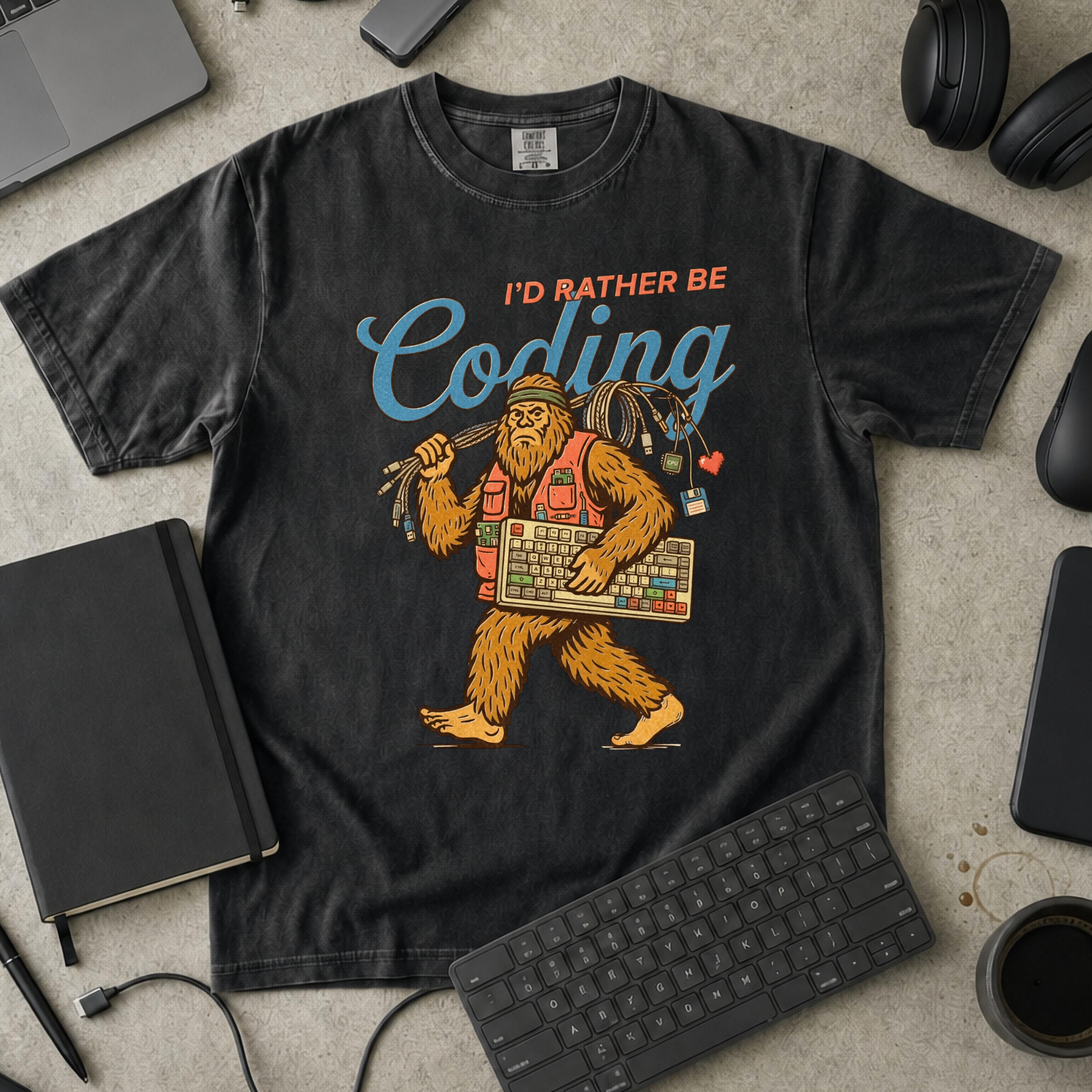 I'd Rather Be Coding Bigfoot Premium Shirt — black Premium Shirt mock-up
