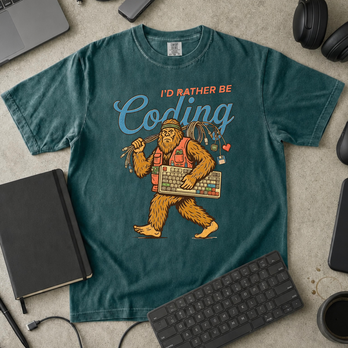I'd Rather Be Coding Bigfoot Premium Shirt — blue spruce Premium Shirt mock-up