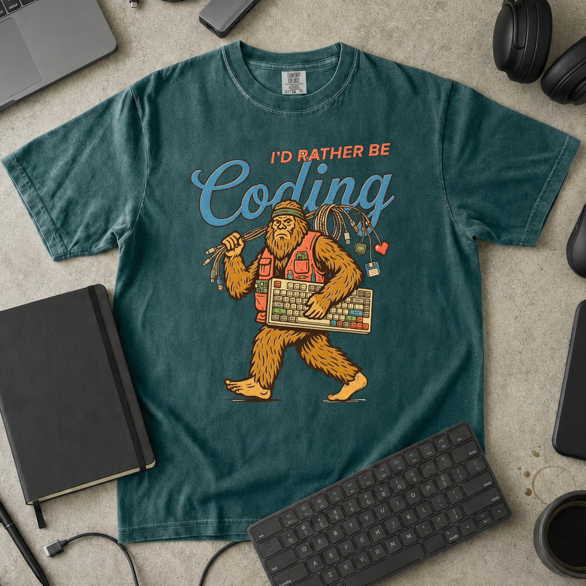 I'd Rather Be Coding Bigfoot Premium Shirt — blue spruce Premium Shirt mock-up