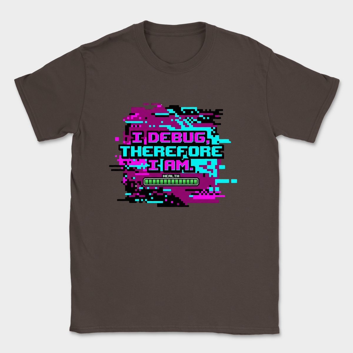 i debug therefore i am glitch shirt — Dark Chocolate