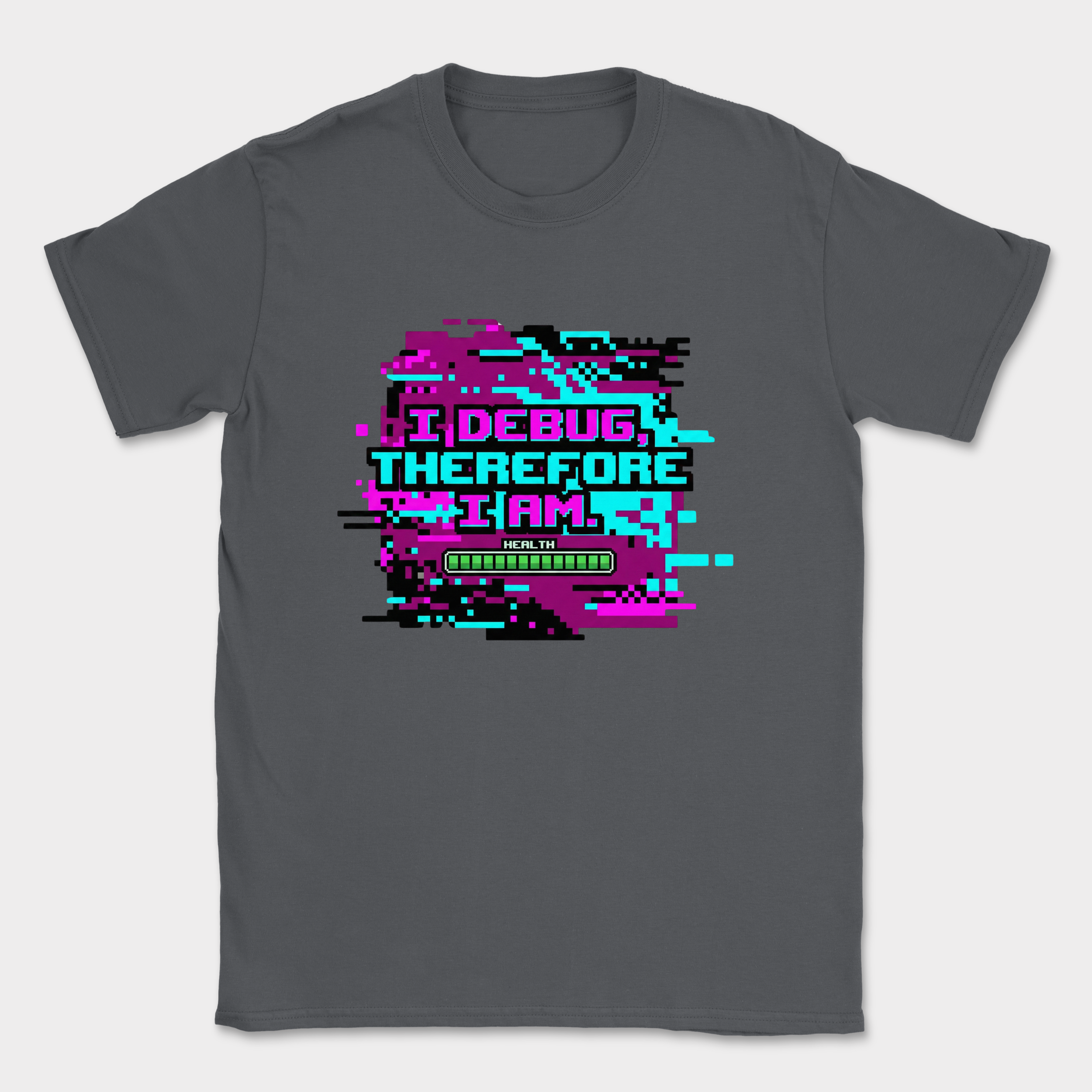 i debug therefore i am glitch shirt — Dark Heather Grey