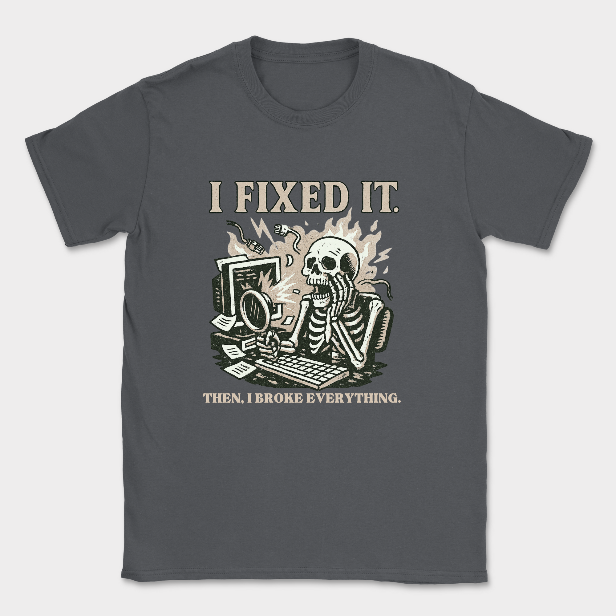 i fixed it then i broke everything skeleton shirt — Dark Heather Grey