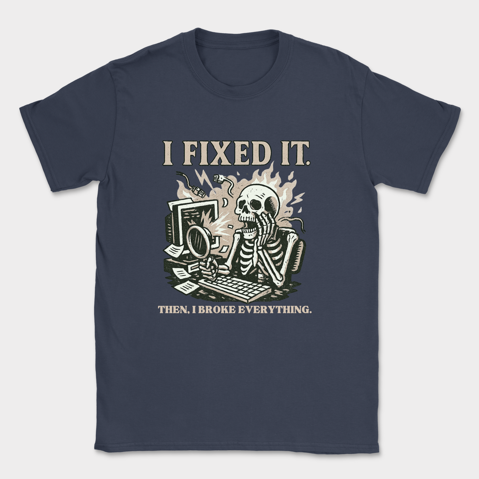 i fixed it then i broke everything skeleton shirt — Navy