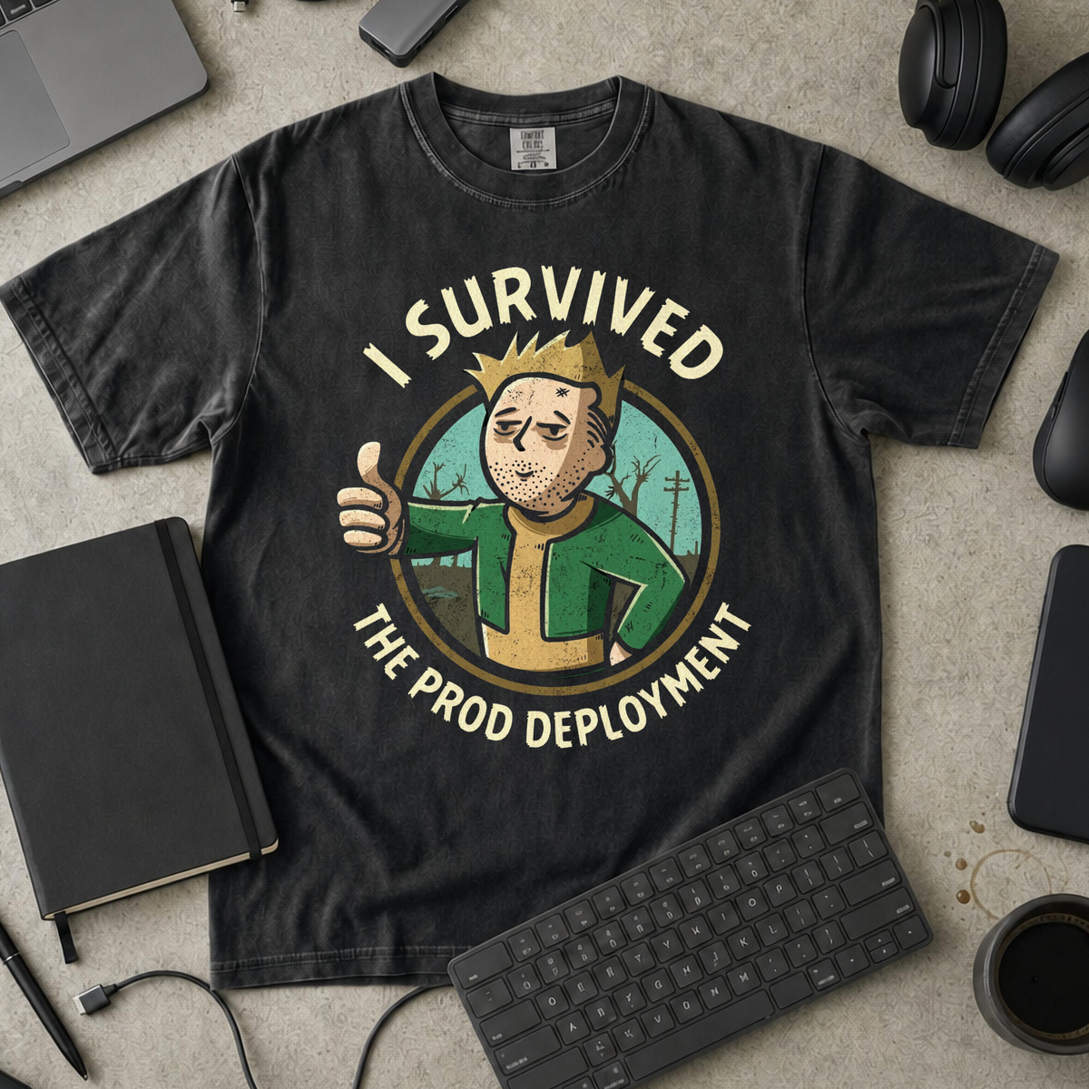 I Survived The Prod Deployment Premium Shirt — black Premium Shirt mock-up