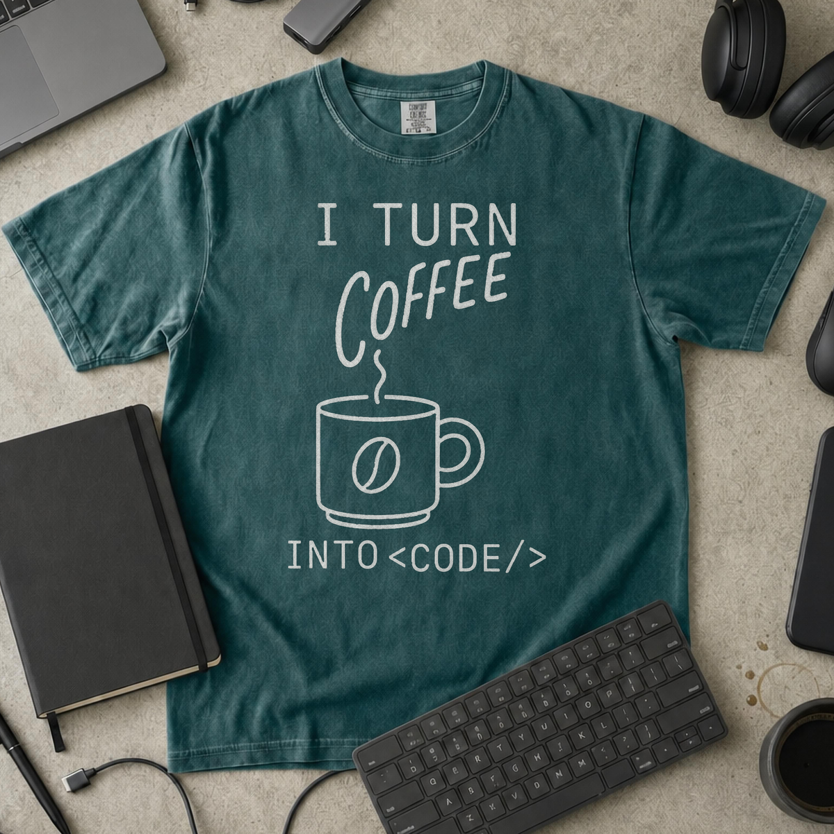 i turn coffee into code Premium Shirt — blue spruce Premium Shirt mock-up