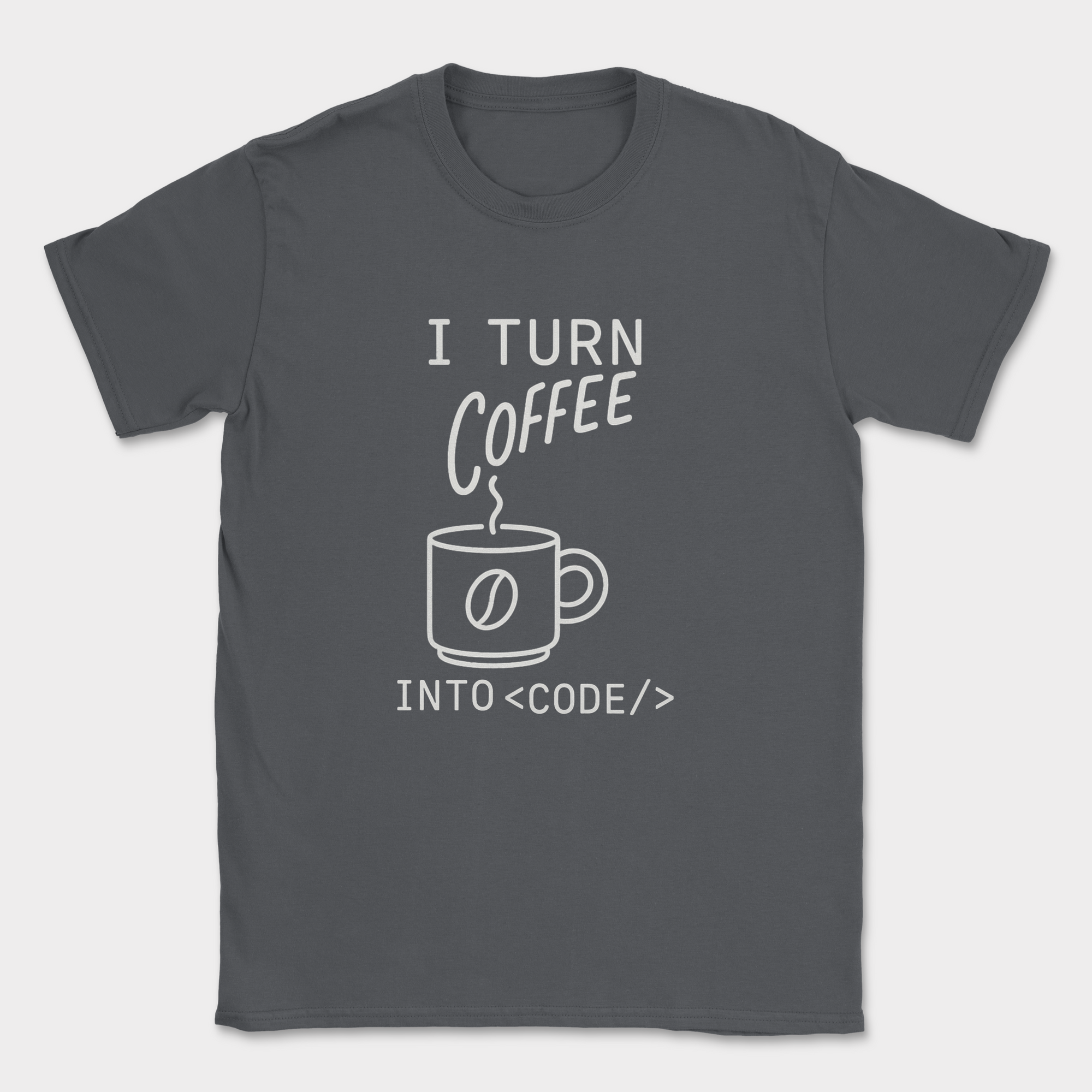 i turn coffee into code shirt — Dark Heather Grey