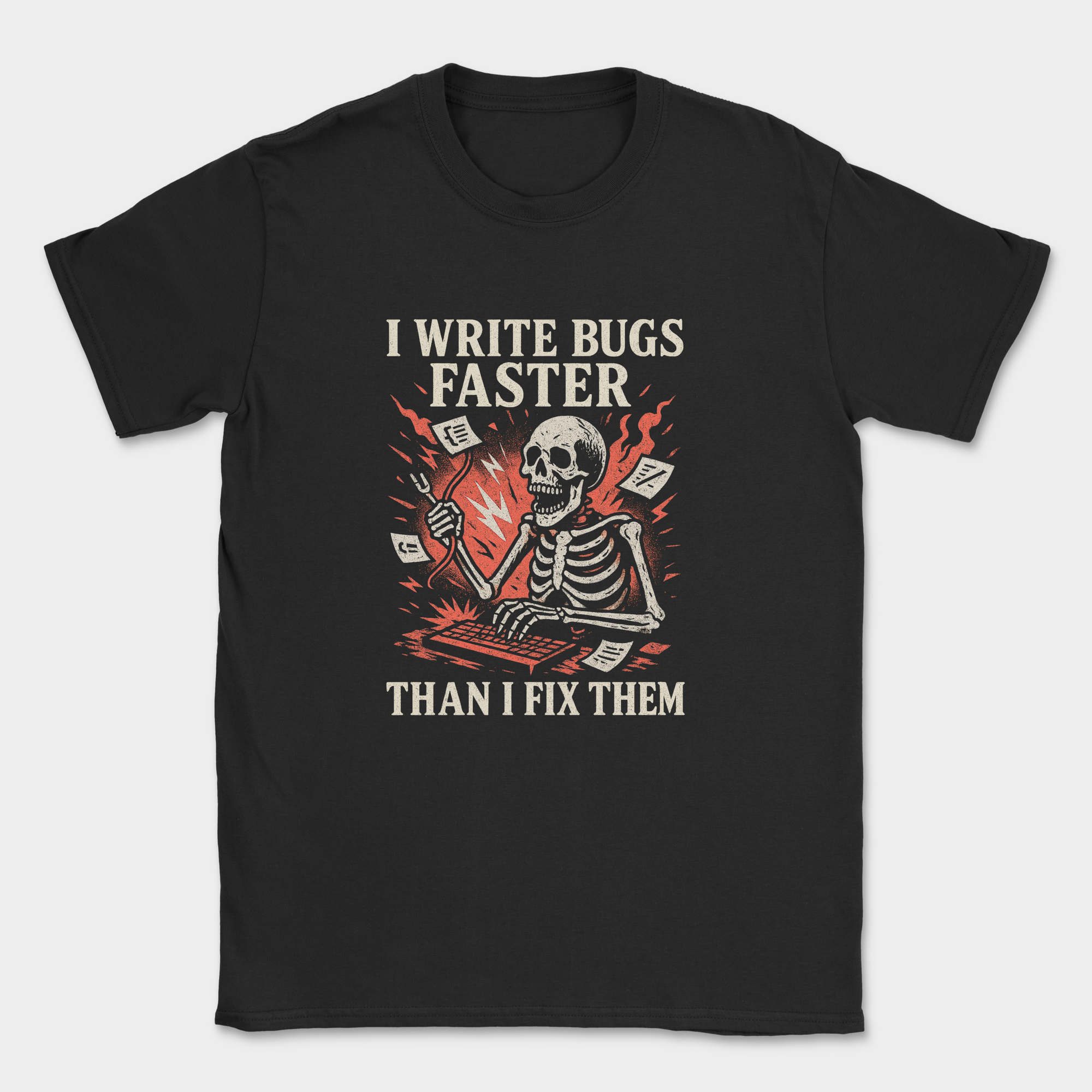 i write bugs faster than i fix them. skeleton shirt — Black