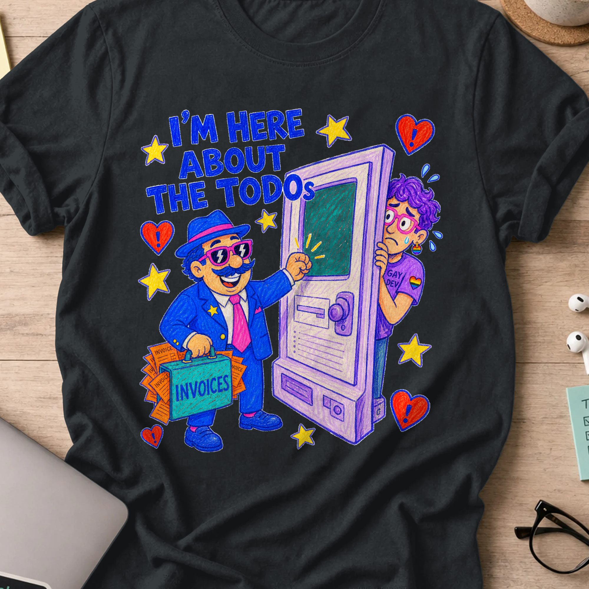 I’m Here About the TODOs shirt — Black storefront mockup