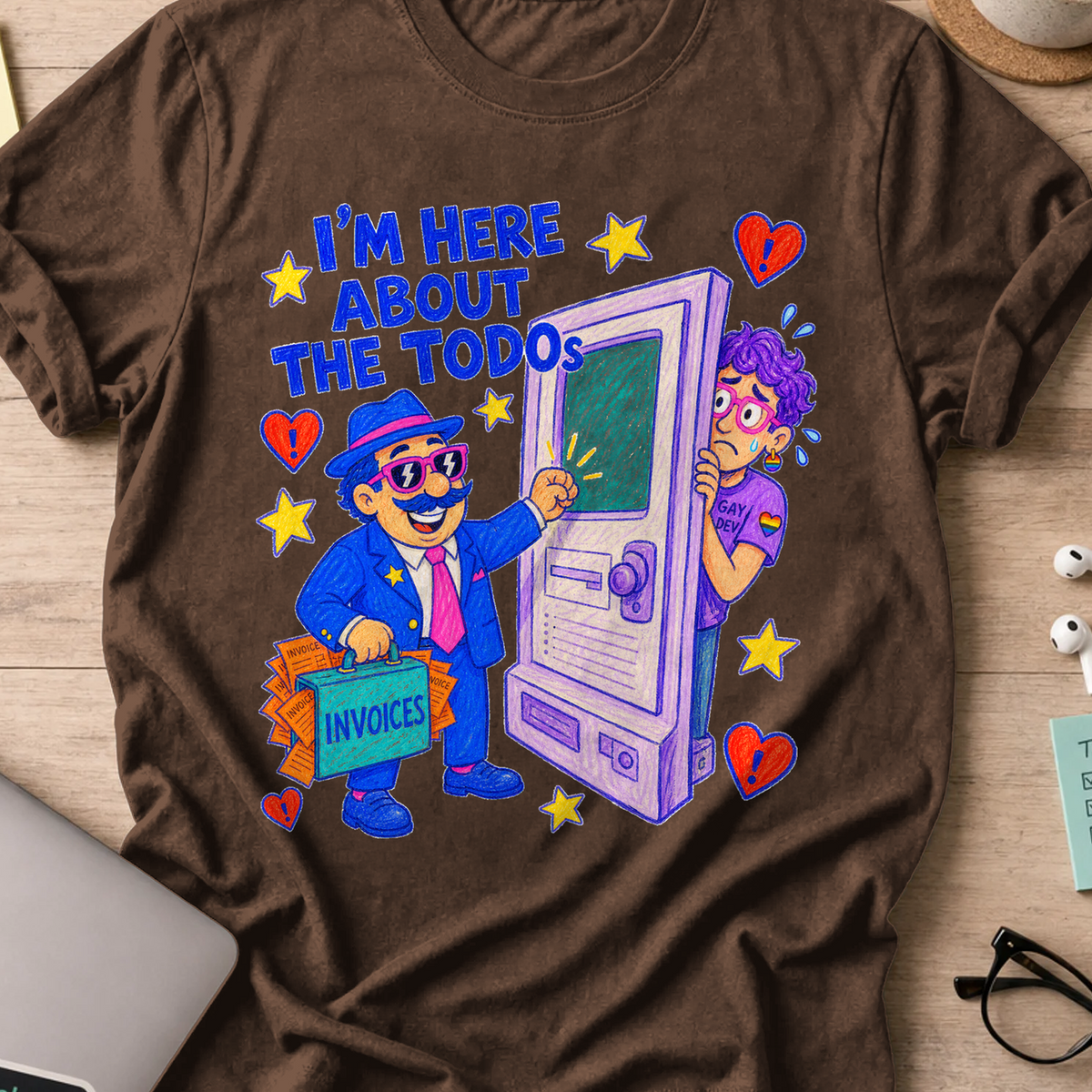 I’m Here About the TODOs shirt — Dark Chocolate storefront mockup