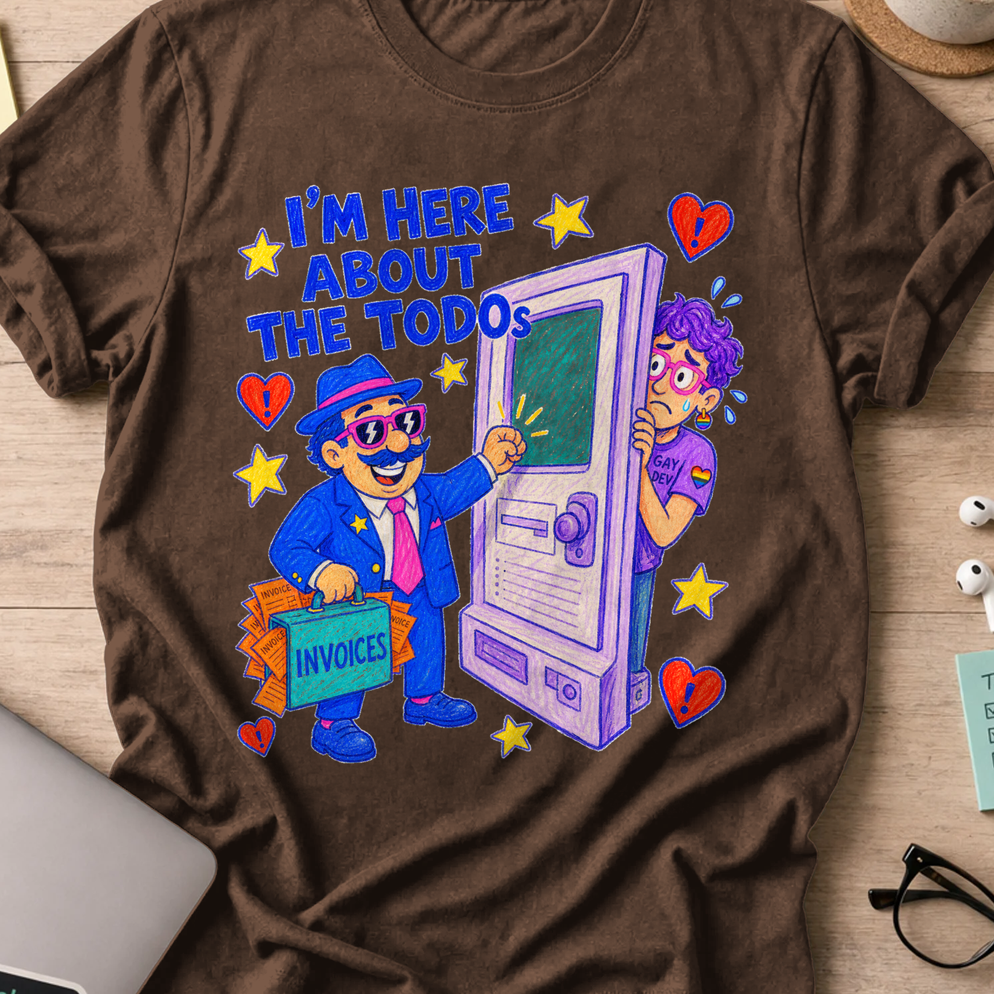 I’m Here About the TODOs shirt — Dark Chocolate storefront mockup