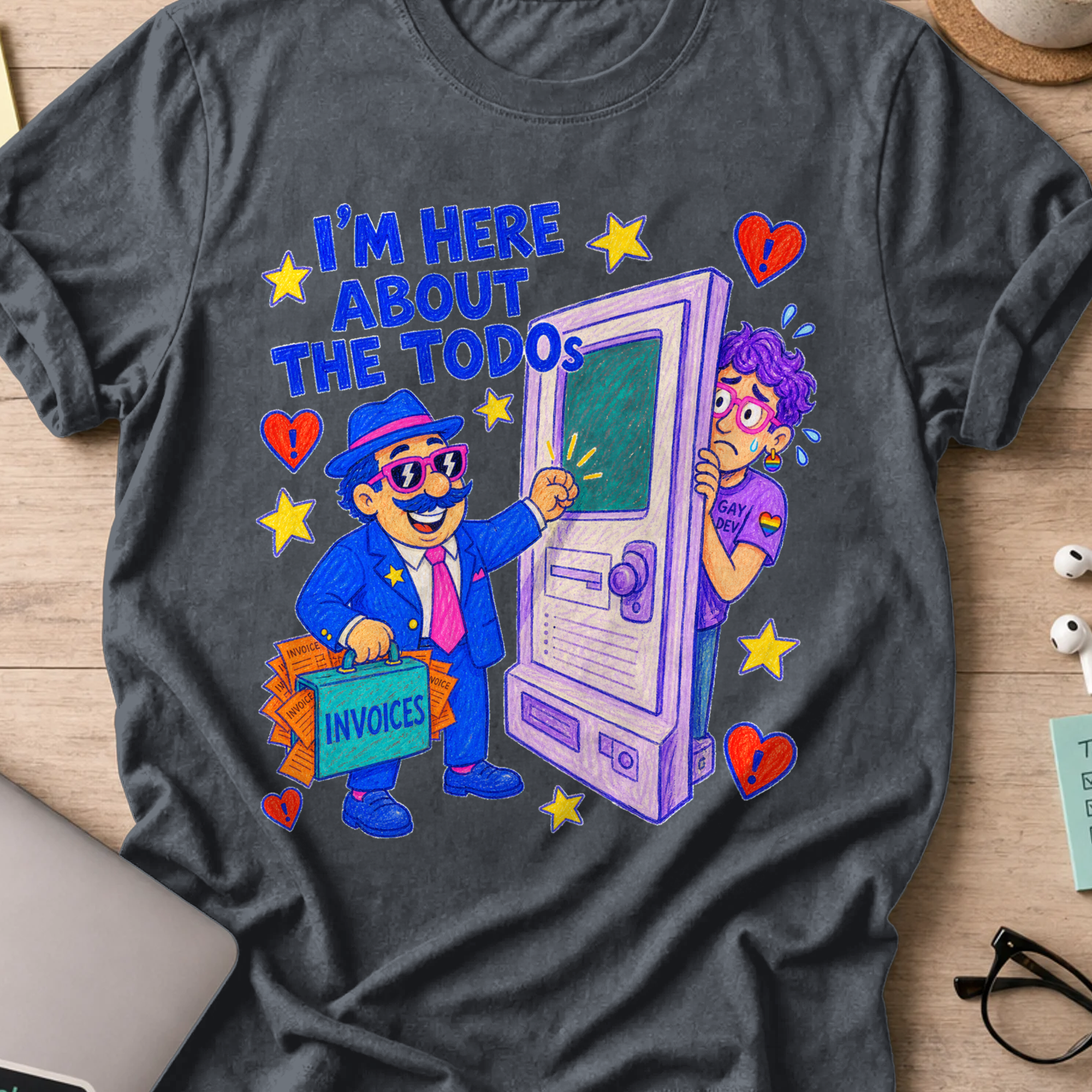 I’m Here About the TODOs shirt — Dark Heather storefront mockup