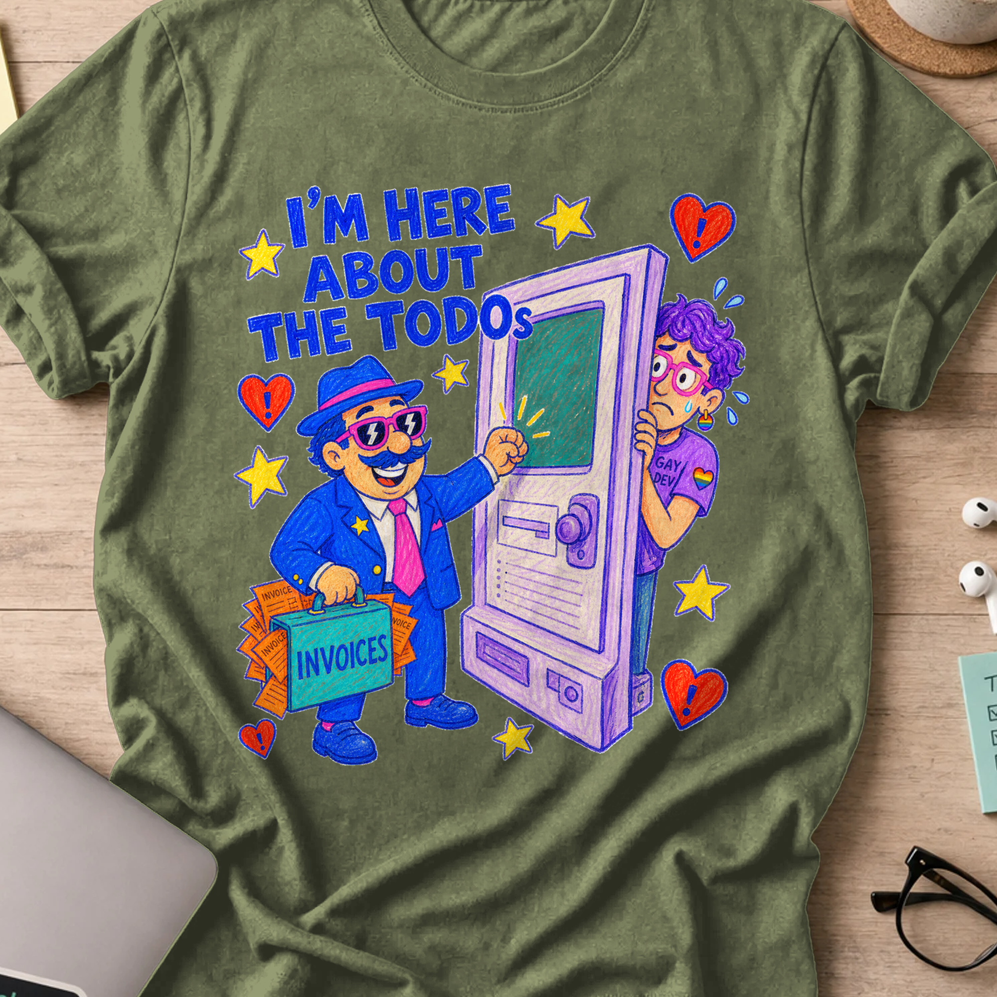 I’m Here About the TODOs shirt — Military Green storefront mockup