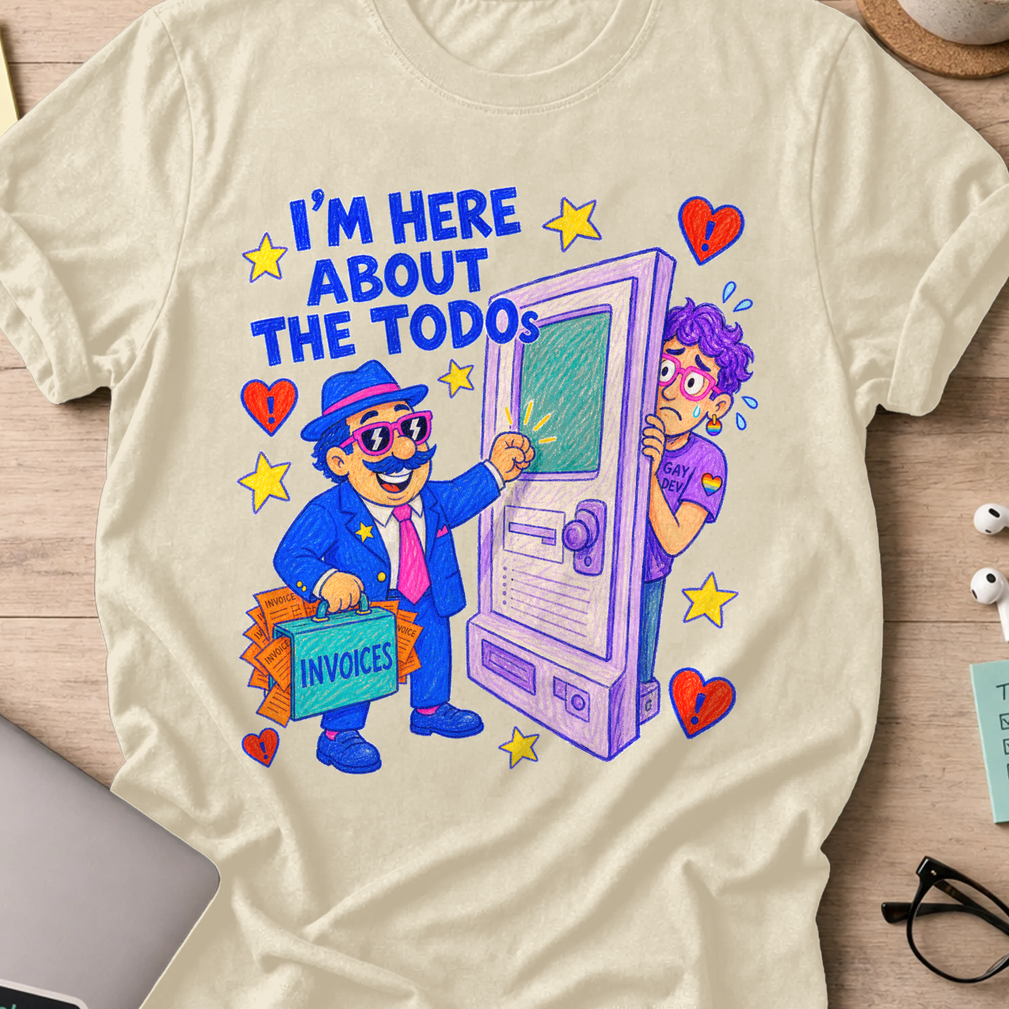 I’m Here About the TODOs shirt — Natural storefront mockup