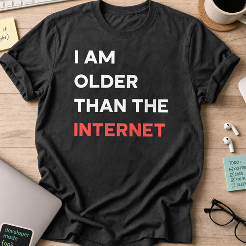 Black programmer shirt printed with "I am older than the internet", a funny developer t-shirt and coding gift for software engineers and coders.