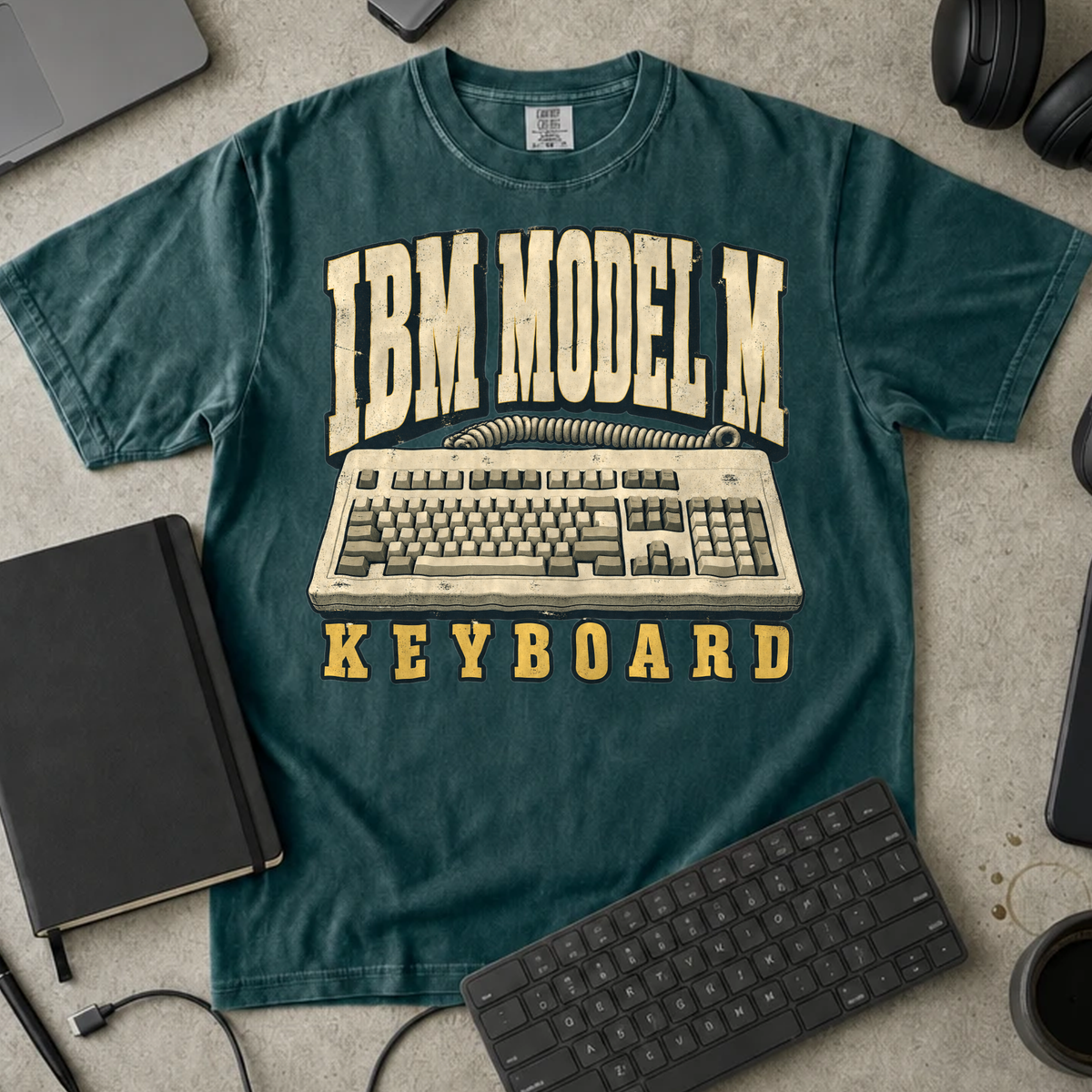 IBM Model M Keyboard Shirt — Blue Spruce Comfort Colors 1717 flat lay