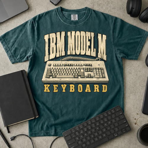 IBM Model M Keyboard Shirt — Blue Spruce Comfort Colors 1717 flat lay