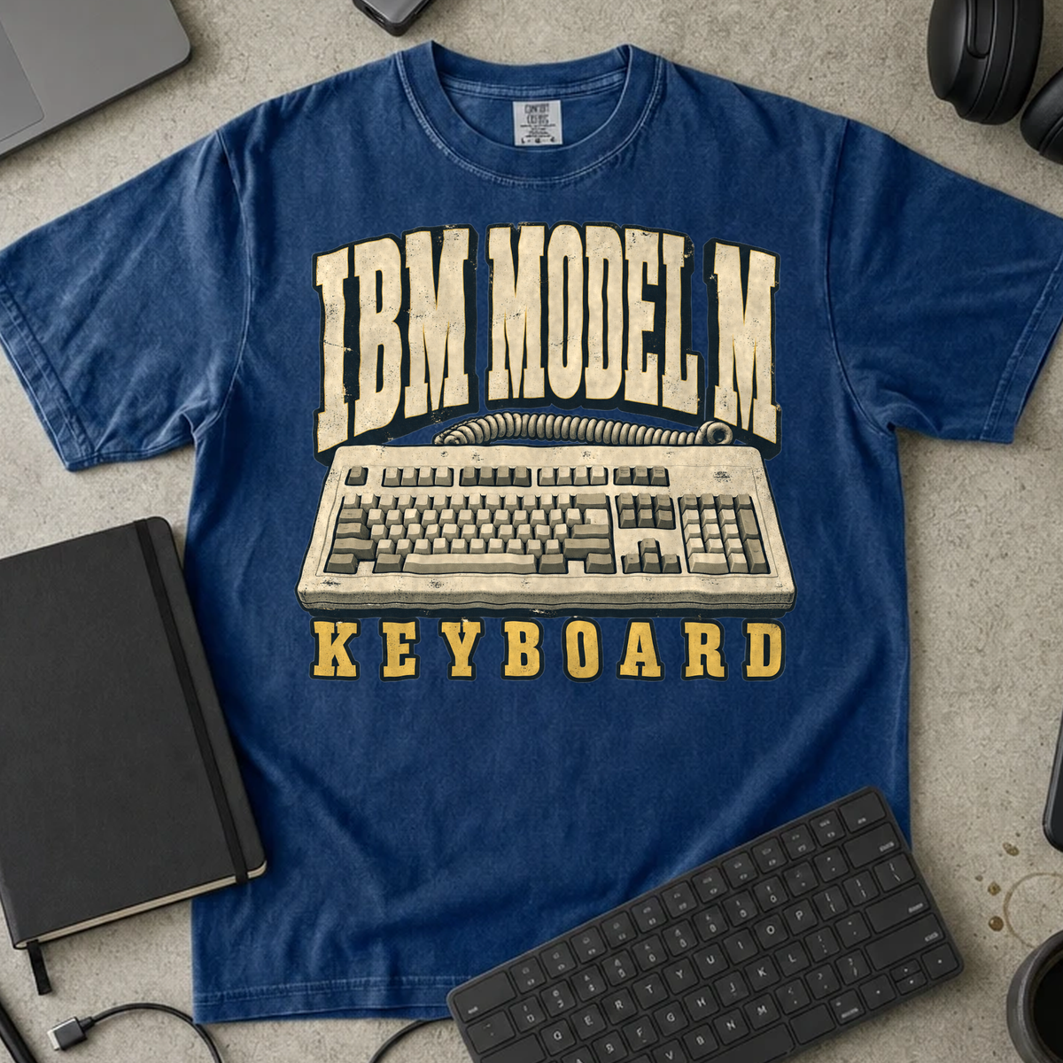 IBM Model M Keyboard Shirt — True Navy Comfort Colors 1717 flat lay