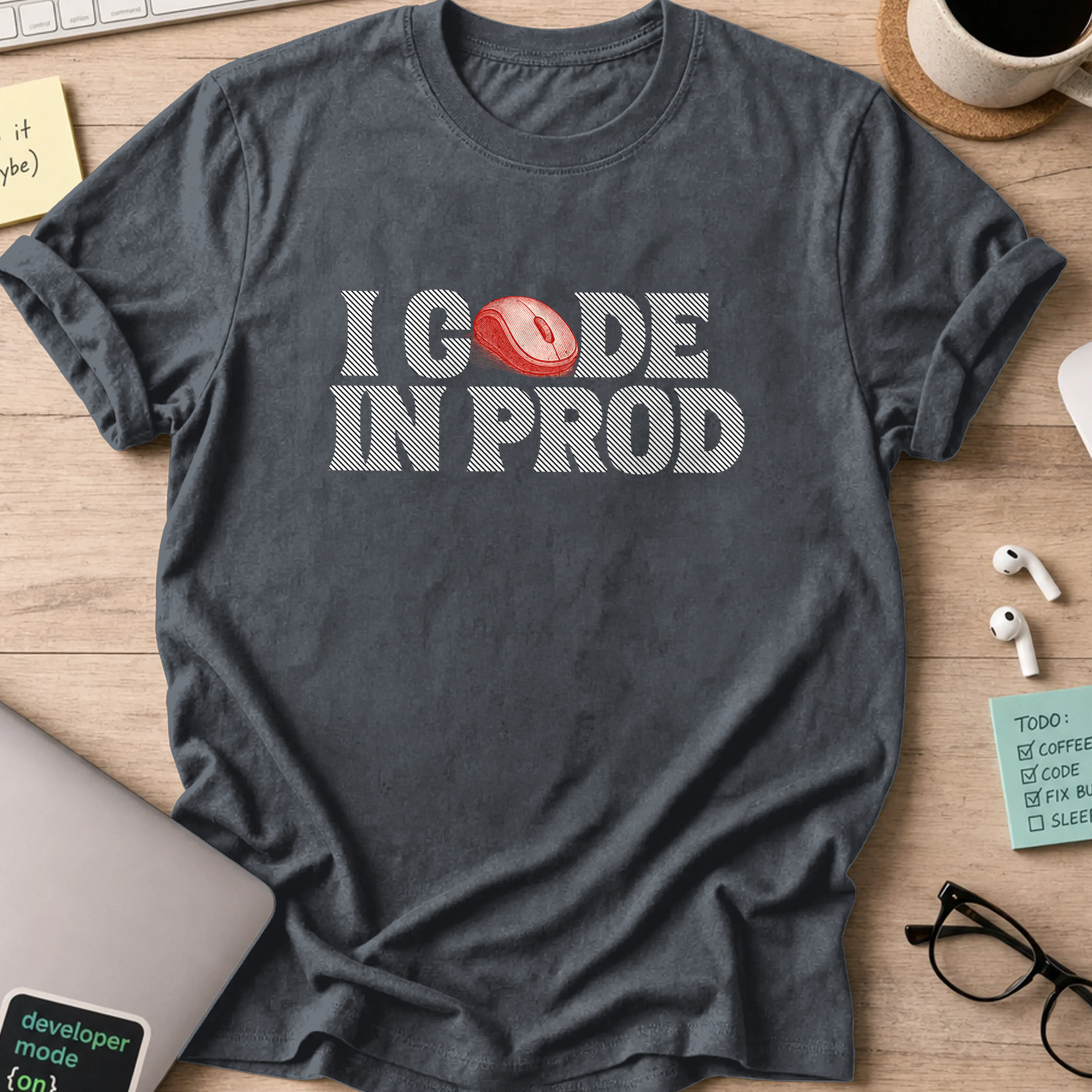 i code in prod text shirt - Dark Heather