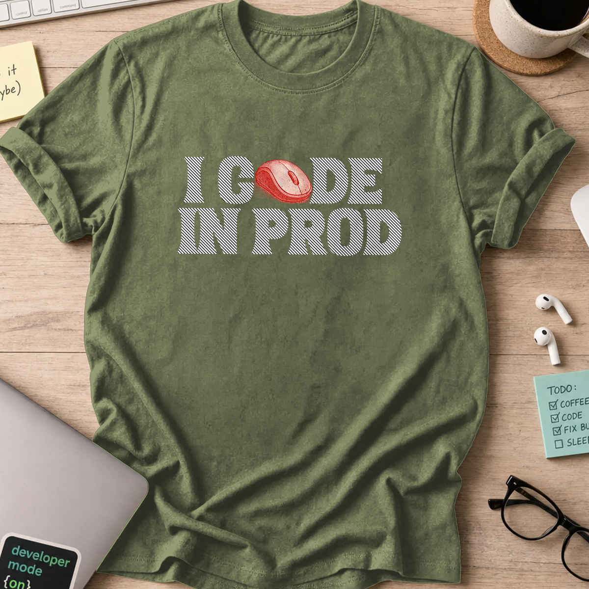 i code in prod text shirt - Military Green