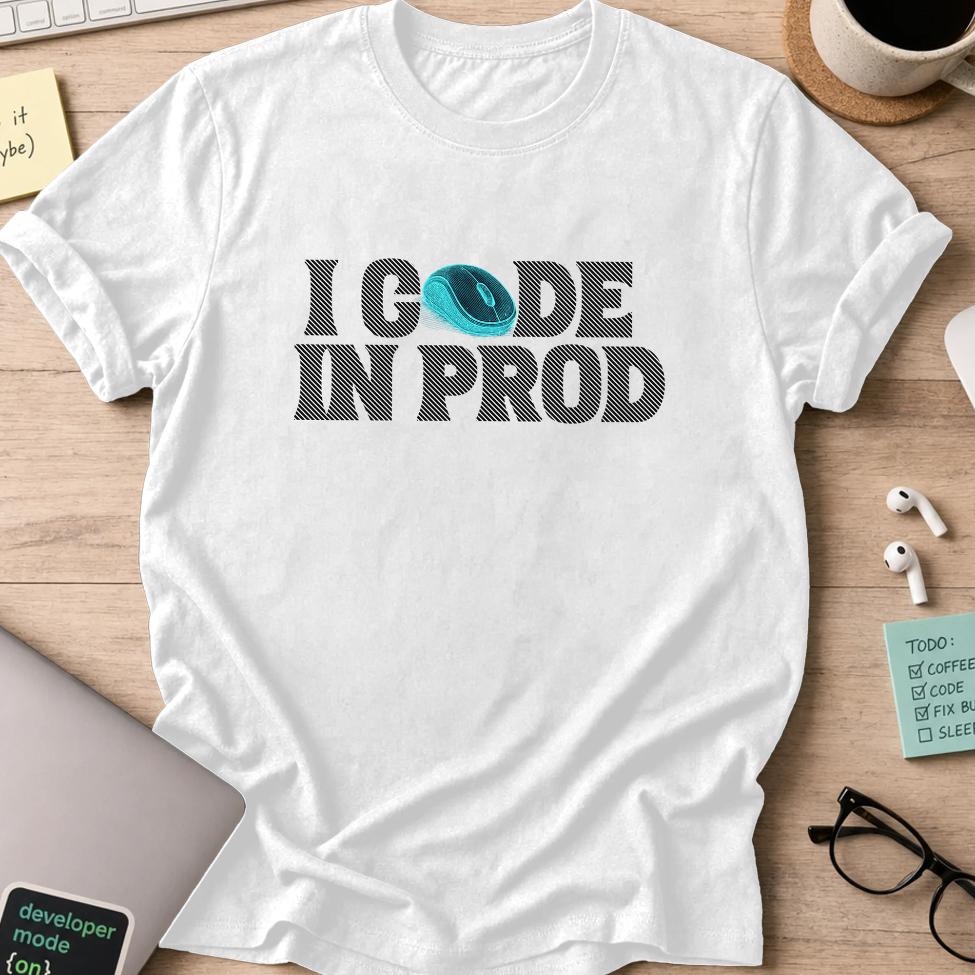 i code in prod text shirt - White