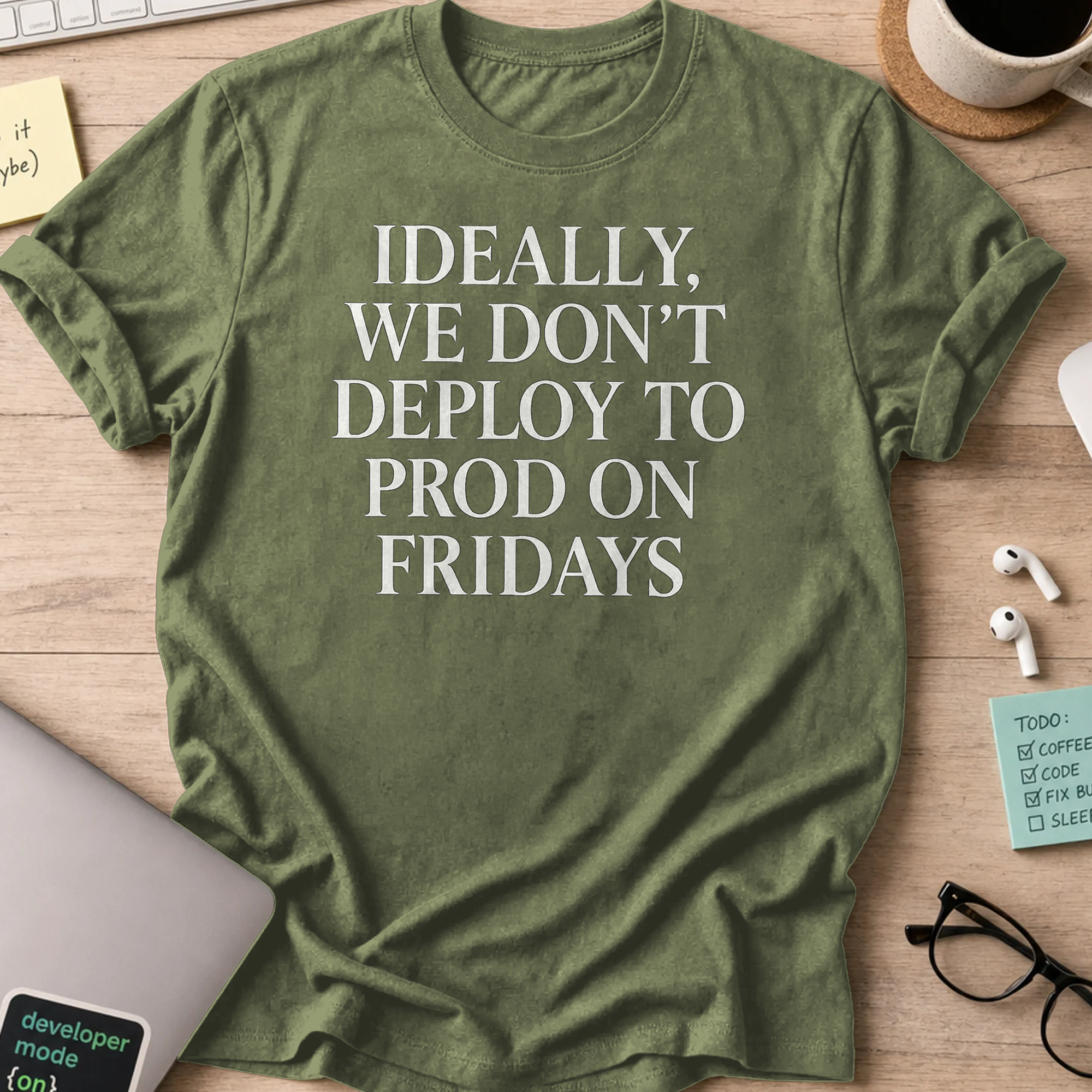 ideally we dont deploy to prod on fridays shirt - Military Green