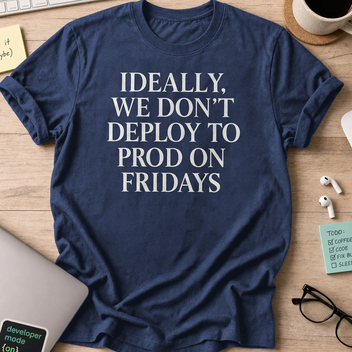 ideally we dont deploy to prod on fridays shirt - Navy