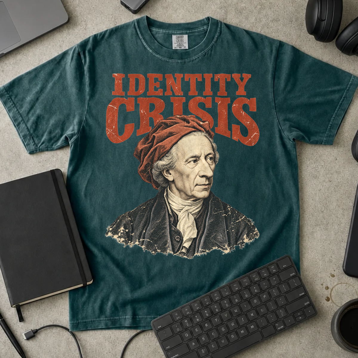 Identity Crisis Shirt — Blue Spruce Comfort Colors 1717 flat lay