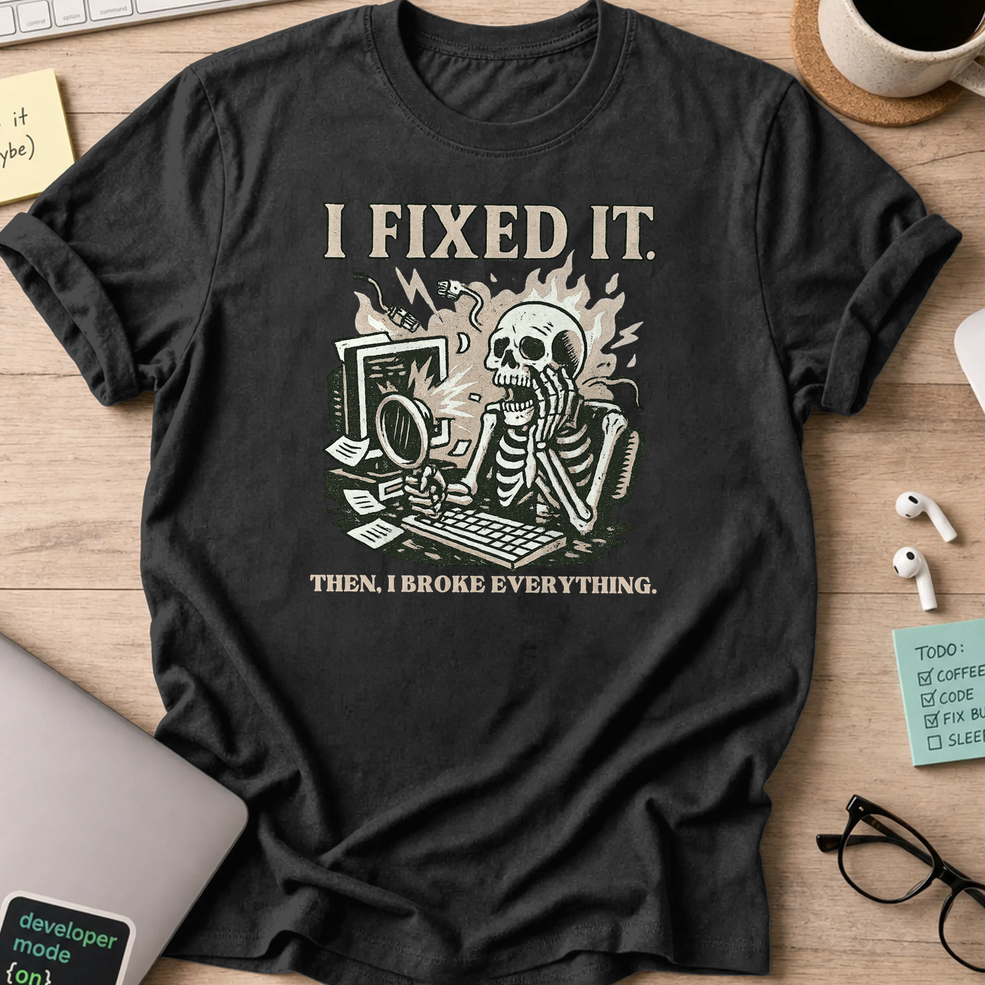i fixed it then i broke everything skeleton shirt - Black