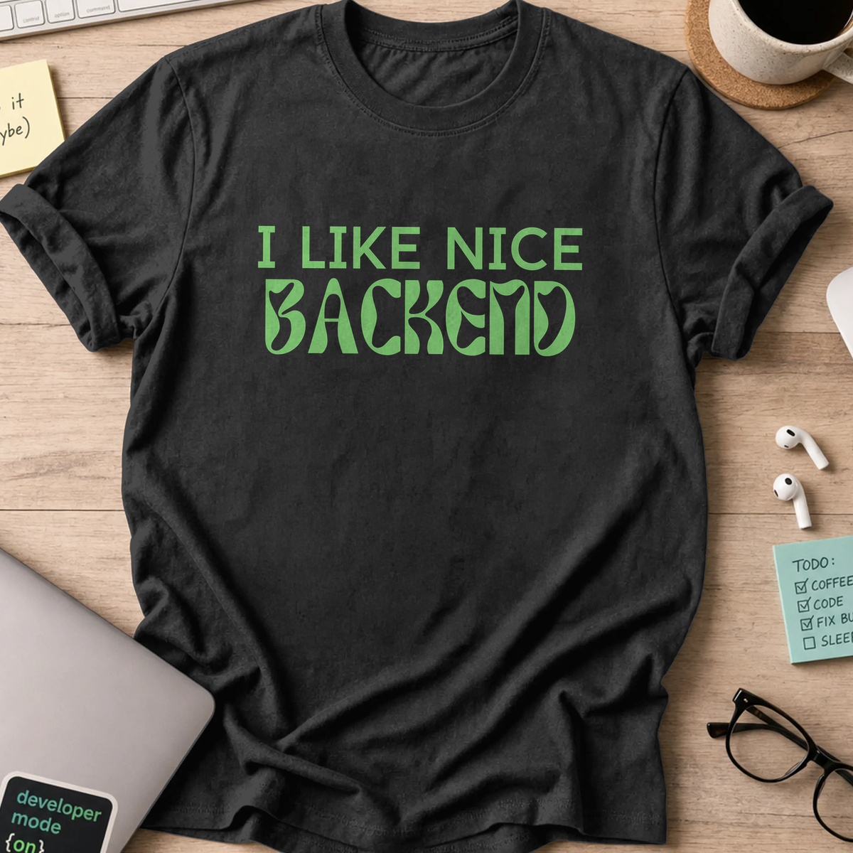 Black developer shirt printed with "i like backend", a funny coding t-shirt and coding gift for backend developers.