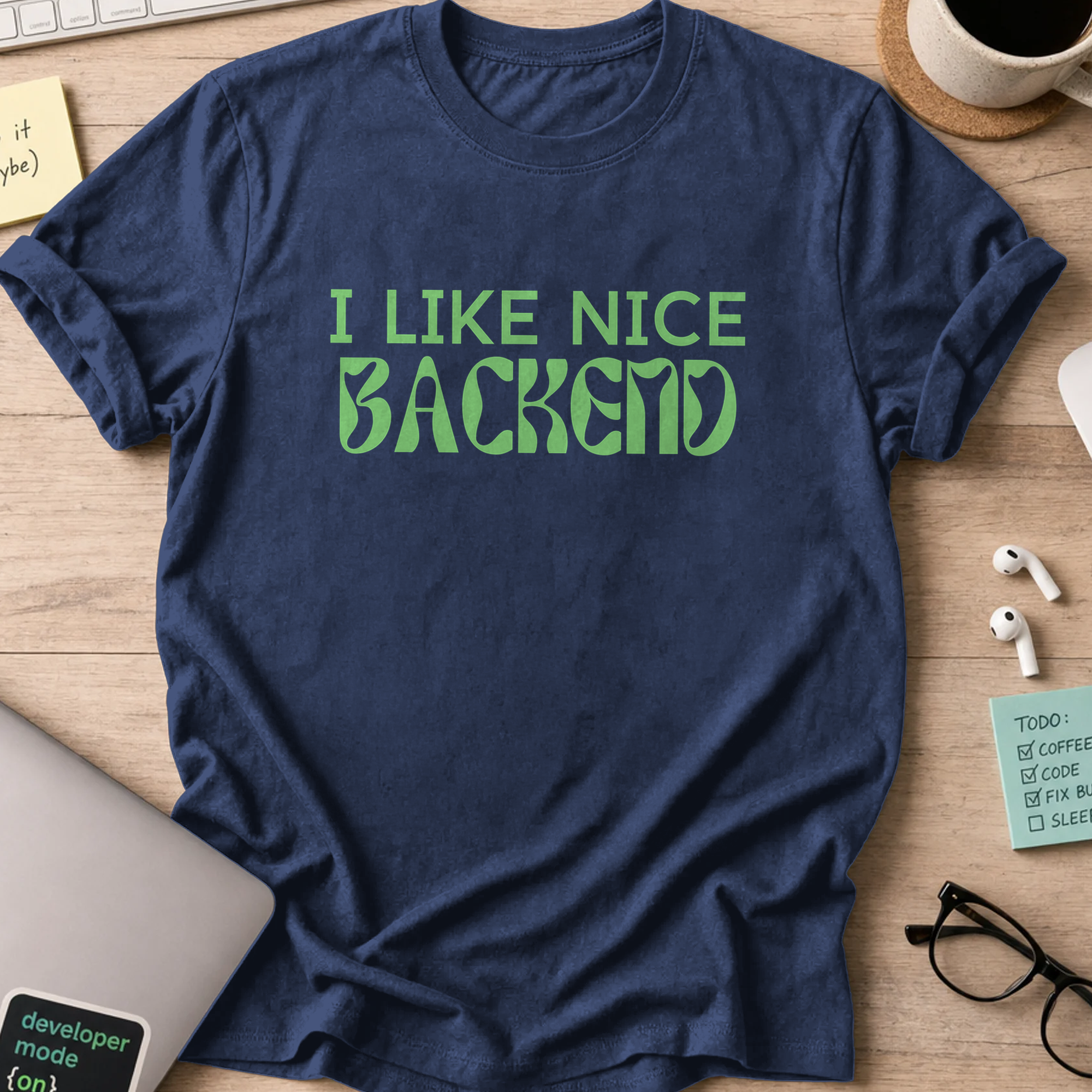 Navy developer shirt printed with "i like backend", a funny coding t-shirt and coding gift for backend developers.