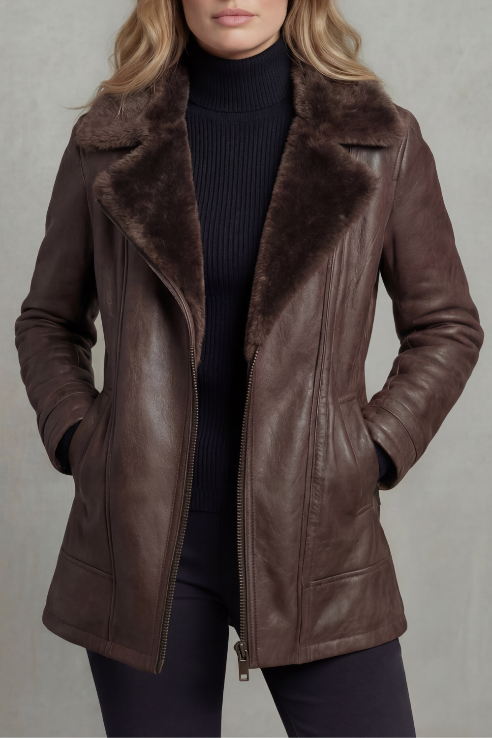 Brown shearling-lined leather jacket with stand collar, zip front, and side pockets