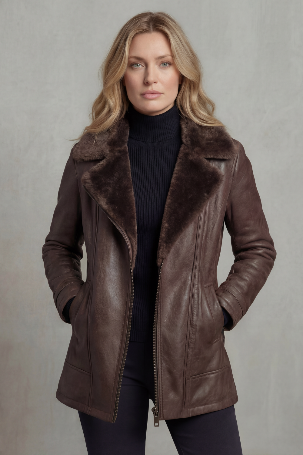 Brown leather jacket with plush shearling collar, zip front, and angled side pockets