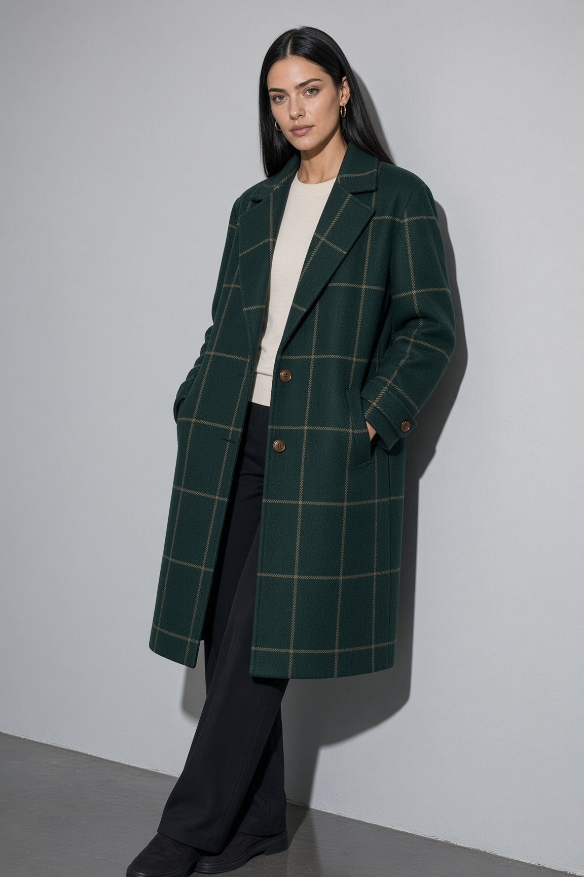 Women's Coat Windowpane Plaid Longline