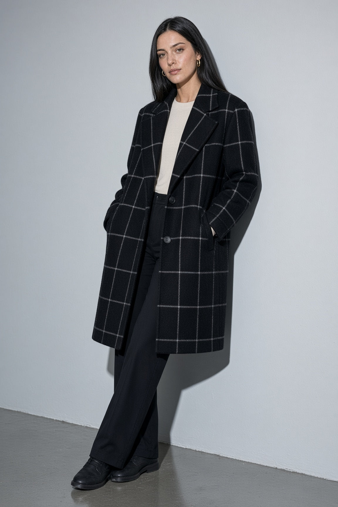 Women's Coat Windowpane Plaid Longline