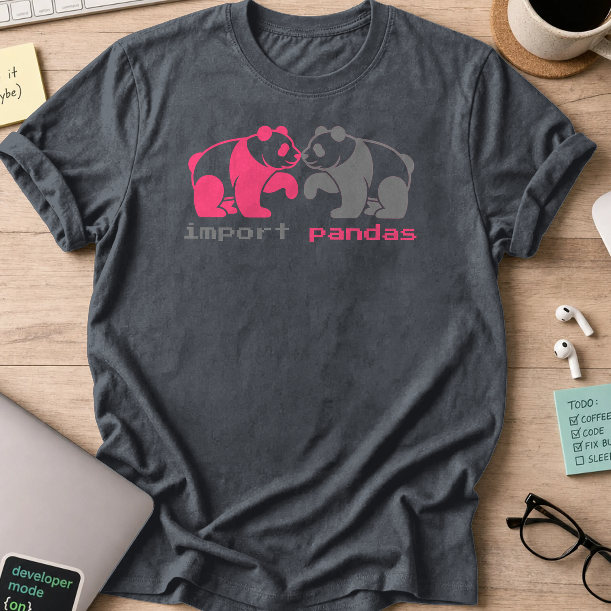 Dark Heather Grey programmer shirt printed with "import panda", a funny developer t-shirt and coding gift for software engineers and coders.