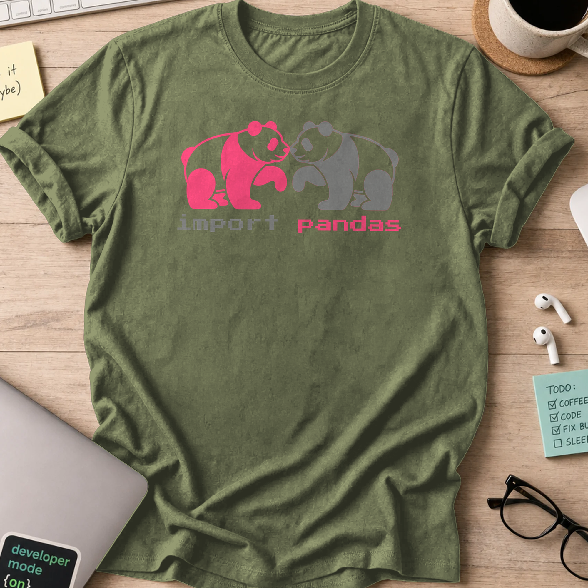 Military Green programmer shirt printed with "import panda", a funny developer t-shirt and coding gift for software engineers and coders.