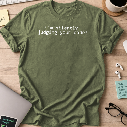 Military Green programmer shirt printed with "i'm silently judging your code", a funny developer t-shirt and coding gift for software engineers.