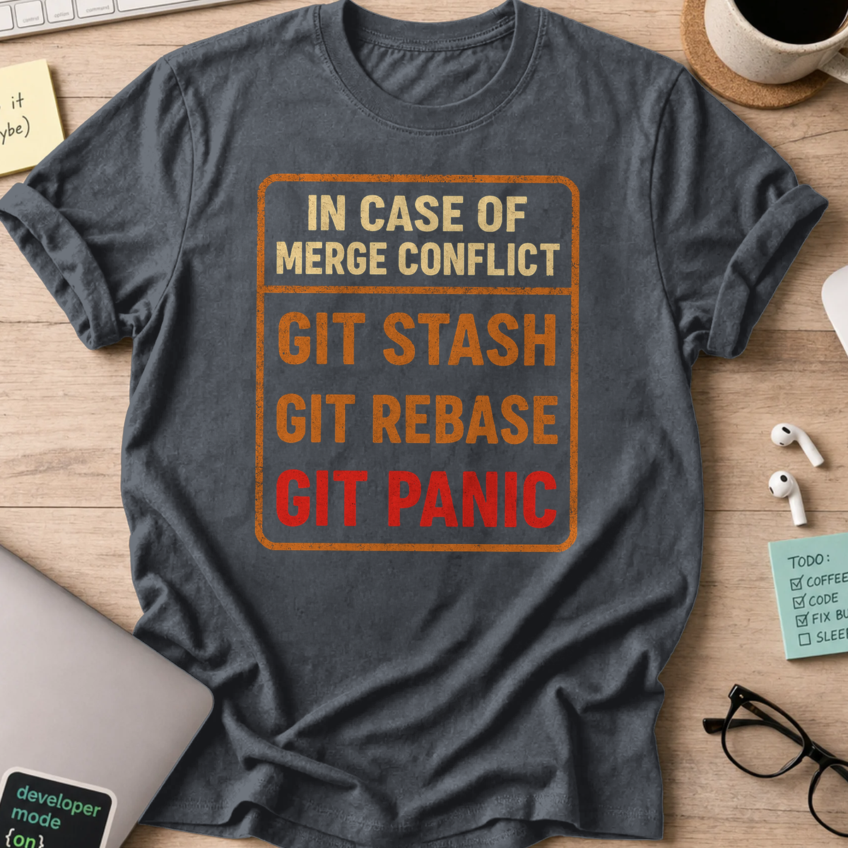 Dark Heather Grey programmer shirt printed with "in case of merge conflict", a funny developer t-shirt and coding gift for software engineers.