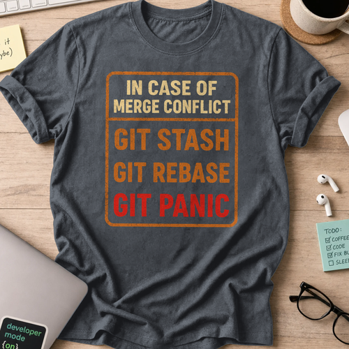 Dark Heather Grey programmer shirt printed with "in case of merge conflict", a funny developer t-shirt and coding gift for software engineers.