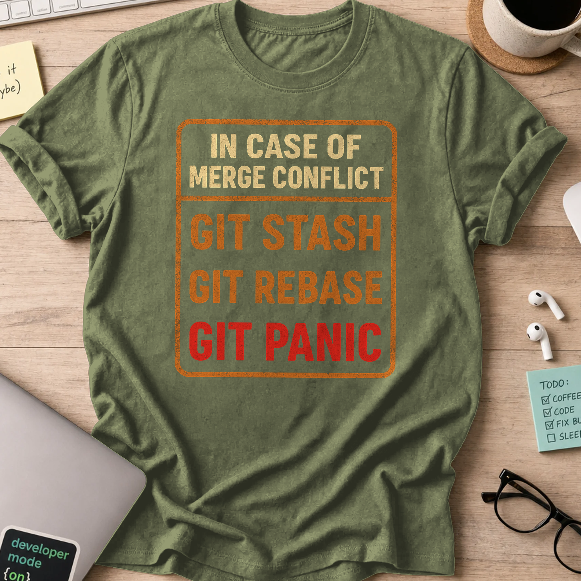 Military Green programmer shirt printed with "in case of merge conflict", a funny developer t-shirt and coding gift for software engineers and coders.