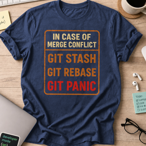 Navy programmer shirt printed with "in case of merge conflict", a funny developer t-shirt and coding gift for software engineers and coders.
