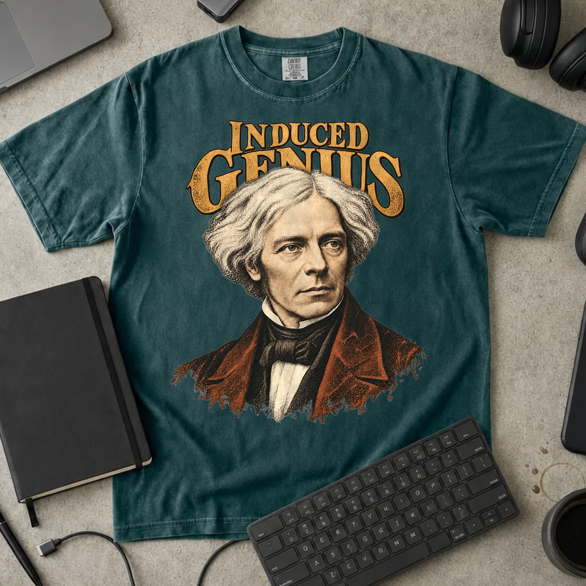 Induced Genius Shirt — Blue Spruce Comfort Colors 1717 flat lay