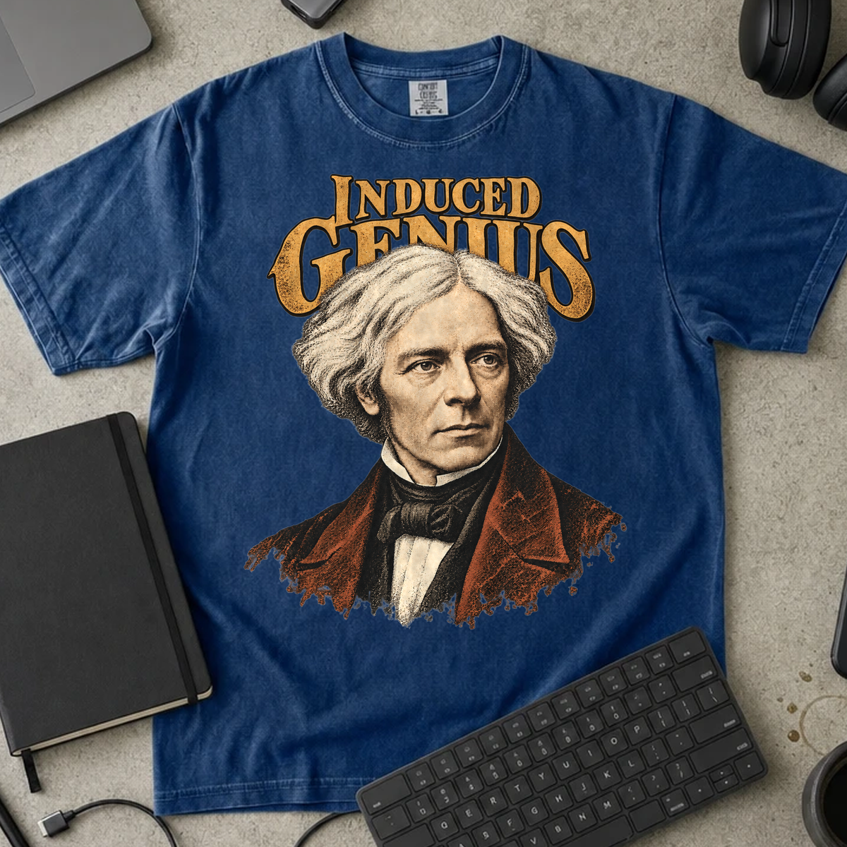 Induced Genius Shirt — True Navy Comfort Colors 1717 flat lay
