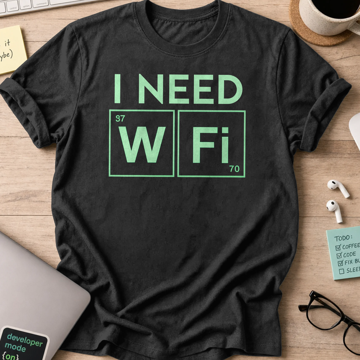 Black programmer shirt printed with "i need WIFI", a funny developer t-shirt and coding gift for software engineers and coders.