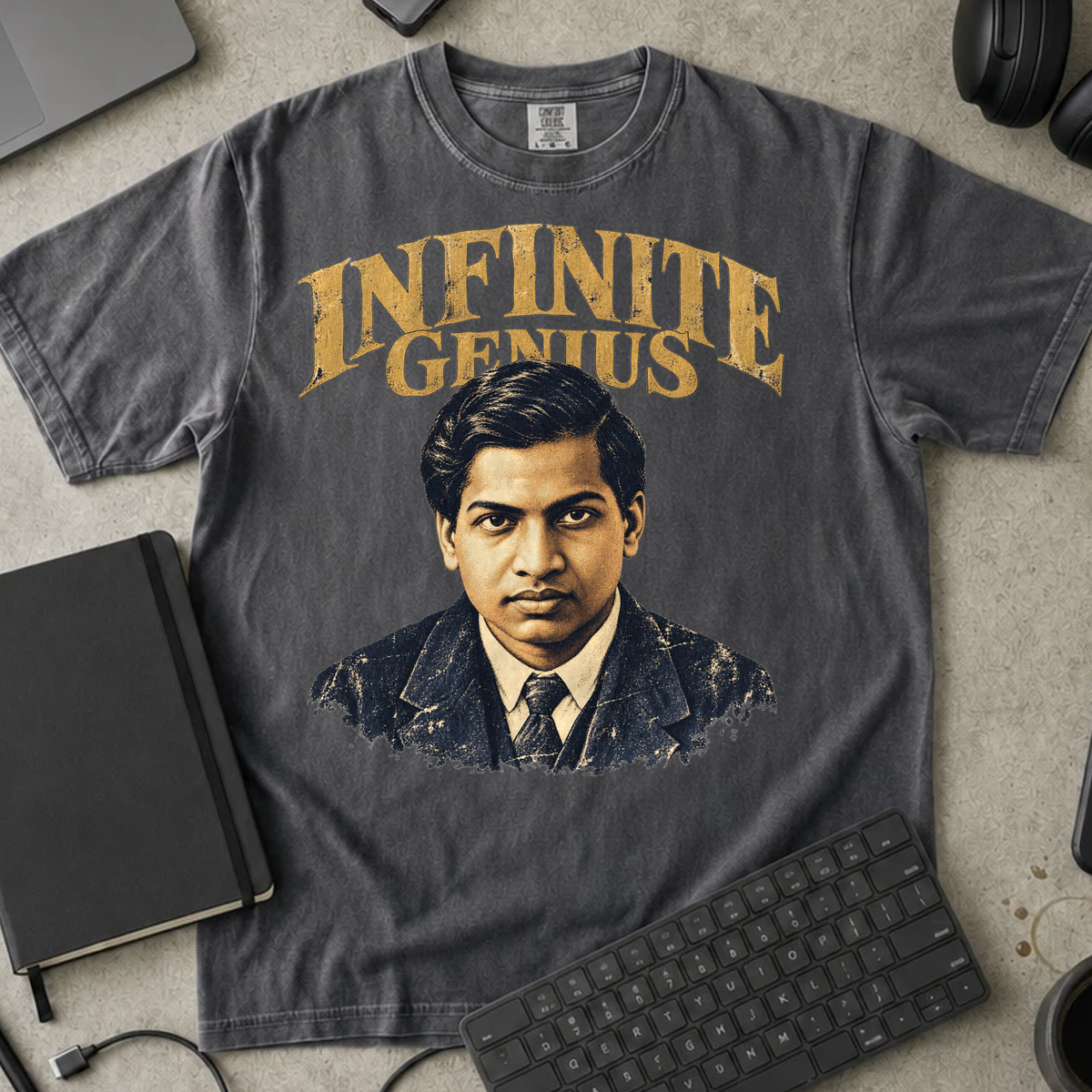 Infinite Genius Shirt — Pepper Comfort Colors 1717 flat lay