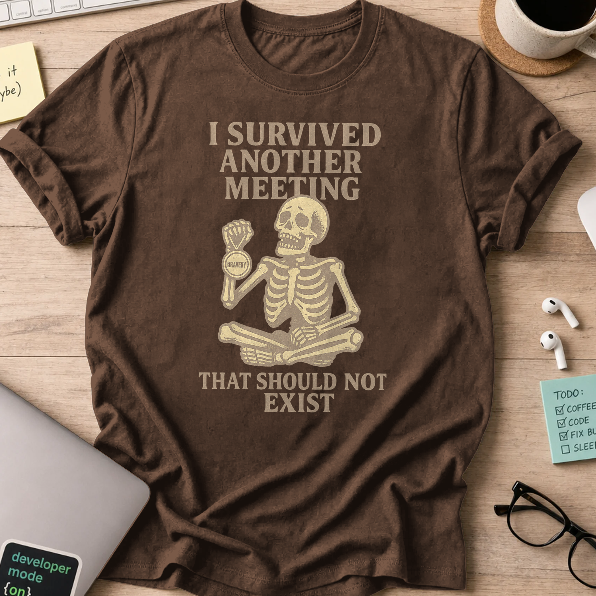 i survived another meeting that should not exist skeleton shirt - Dark Chocolate