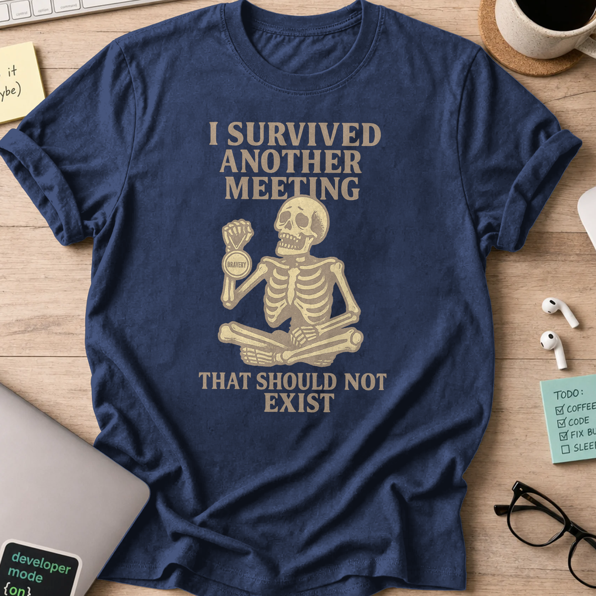i survived another meeting that should not exist skeleton shirt - Navy